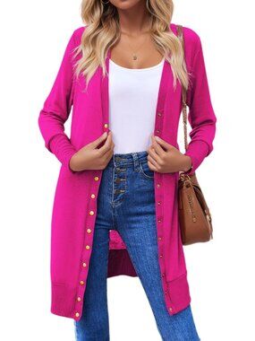 Women's Rose Red Button Down Long Sleeve Lightweight Casual Cardigan Sweaters